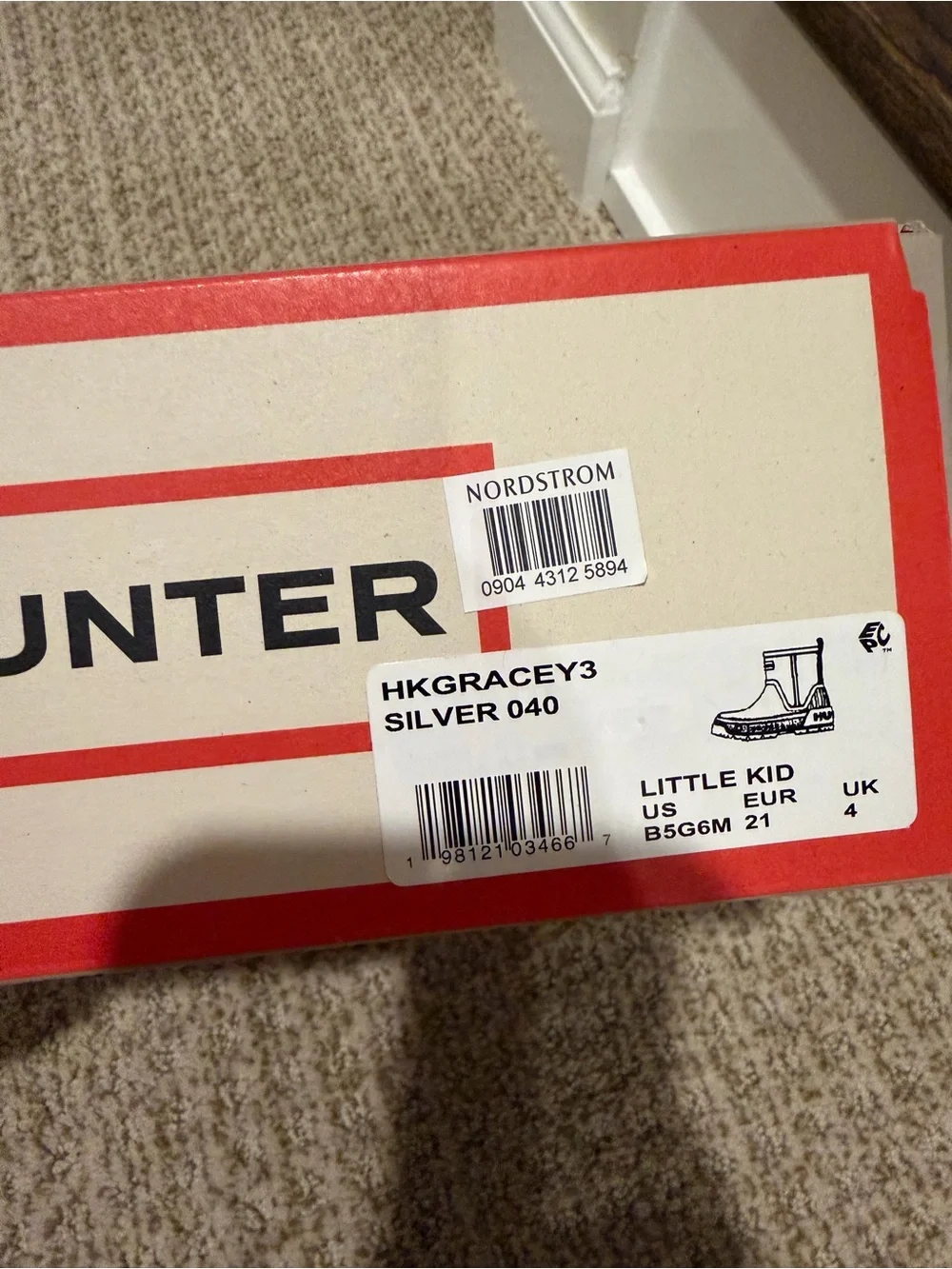 Hunter Kids Silver Rain Boots Box Label